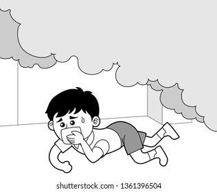 A Boy Crawling Under Smoke Of A Fire