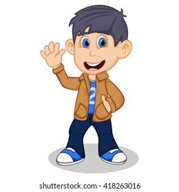 Boy with cream jacket and blue trousers waving his hand cartoon vector illustration