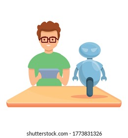 Boy create programming robot icon. Cartoon of boy create programming robot vector icon for web design isolated on white background