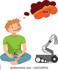Boy creating smart robot. Mars dreams. Isolated vector illustration. Early childhood development concept