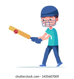 Boy cricket player bounces the ball bat. Small child plays cricket in a helmet and gloves. Vector illustration isolated on white, flat style.