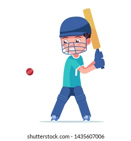 Boy in cricket player in sports uniform hits the ball. Small child in a pose plays cricket. Vector illustration isolated on white, flat style.