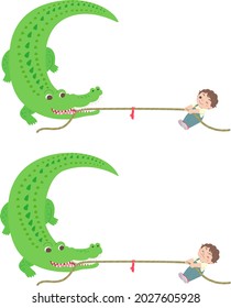 El niño y el cocodrilo están en un tira y afloja de guerra, dos grupos de diferentes movimientos.