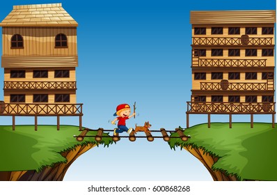 Boy crossing bridge on the cliff illustration
