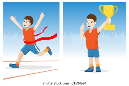 Boy crossing the finish ribbon and a teenager with a golden cup in hand