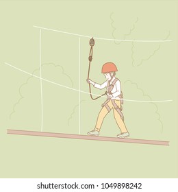 Un chico cruzando un puente alto. ilustraciones de diseño de doodles vectoriales dibujadas a mano.