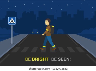 Boy Crossing Road At Night. Young Pedestrian Wearing Reflective Braceletes. Crossing The Road. Road Safety. Flat Vector Illustration.