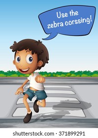 Niño cruzando la carretera usando ilustración de paso de cebra