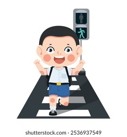 Boy crossing the street with school