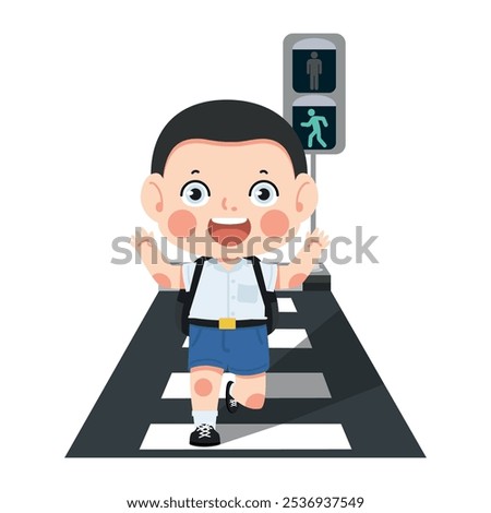 Boy crossing the street with school