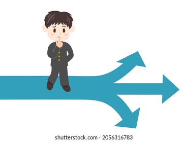 Boy at a crossroads of life. Junior high school student. Vector illustration. 