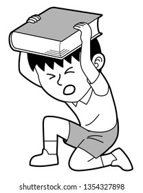 A boy crouching and protecting his head with his book, isolated on white background.