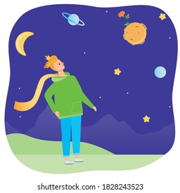 boy with a crown looks at the stars and a rose on the planet as a concept of love, romance, relationships. Flat vector stock illustration with little prince or king and magical journey