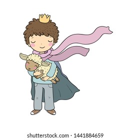 The boy in the crown with a sheep. Cute prince with a lamb. Little Prince