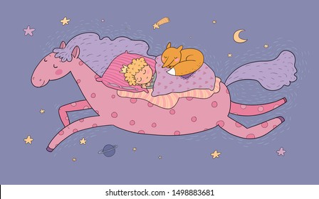 The boy in the crown sleeps on a magic pony. The little king. Good night. Sweet Dreams