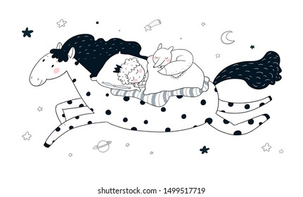 The boy in the crown sleeps on a magic pony. The little king. Good night. Sweet Dreams