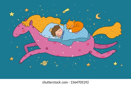 The boy in the crown sleeps on a magic pony. The little king. Good night. Sweet Dreams