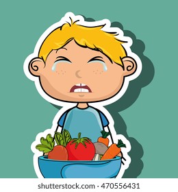 boy cry plate vegetables vector illustration graphic