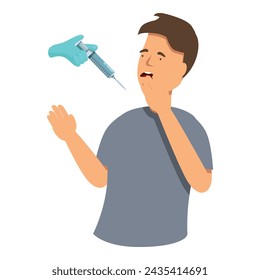 Boy cry under injection icon cartoon vector. Doctor health care. Pain child