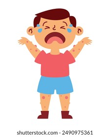 boy crying becaues many of mosquito biting him body isolated