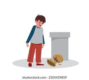 boy crying because he broke a valuable item or a vase. vector illustration