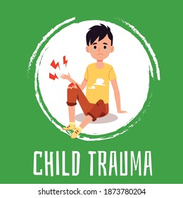 The boy is crying because of a painful leg. Scratch on the knee with drops of blood in the kid. Child injury, accident or trauma. Flat cartoon vector illustration.