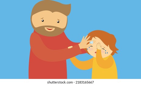 The boy is crying and dad puts ice on his forehead