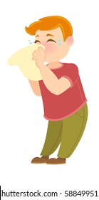 Boy crying in handkerchief isolated on white background. Vector illustration in flat style
