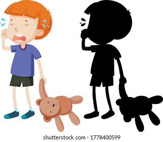 Boy crying and holding teddy bear with its silhouette illustration