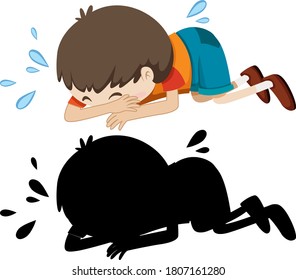 Boy crying on the floor with its silhouette illustration