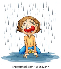 Boy crying in the rain illustration