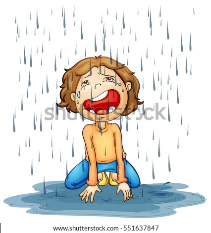 Boy crying in the rain illustration