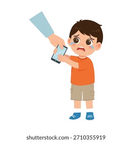 Niño llorando mientras un adulto se lleva su tableta para limitar el tiempo de pantalla