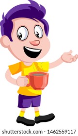 Niño con taza de café, ilustración, vector sobre fondo blanco.