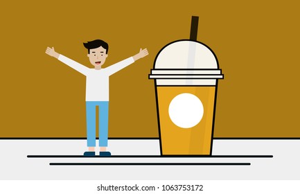 A boy with a cup of ice coffee