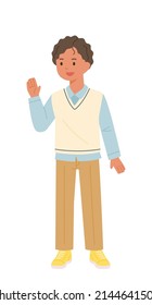 A boy with curly hair in a dandy style in a shirt and a knitted vest. flat design style vector illustration.