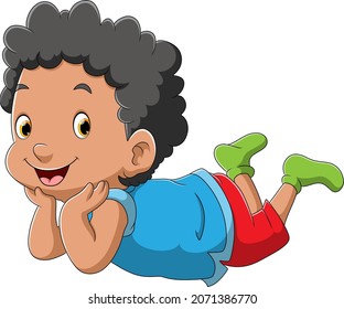 The boy with curly hair is laying down of illustration