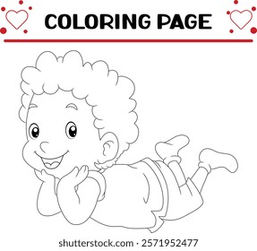 boy with curly hair is laying down coloring page for kids