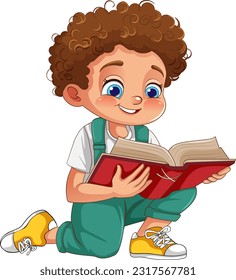 Boy with curly hair reading a book illustration