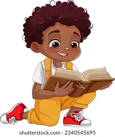 Boy with curly hair reading a book illustration