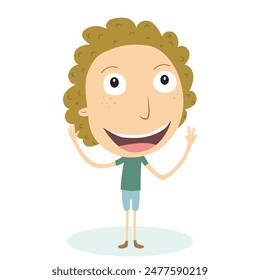 Boy with curly hair showing ok gesture cartoon character. Sign language, gesticulation, peace gesture. Vector illustration.