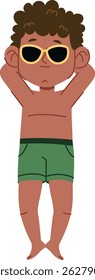 A boy with curly hair and sunglasses relaxes in swim trunks in a cartoon style. The child appears calm with arms behind his head, wearing stylish shades. Cartoon vector illustration.