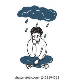 Junge mit lockigen Haaren, die unter der Wolke in schlechter Laune sitzen und Regen fällt. Konzept der Depression, Psychologie, Therapie, Autismus, Einsamkeit. handgezeichnete Vektordoodgrafik