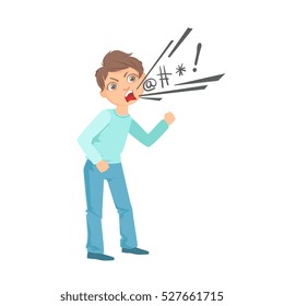Boy Cursing Teenage Bully Demonstrating Mischievous Uncontrollable Delinquent Behavior Cartoon Illustration