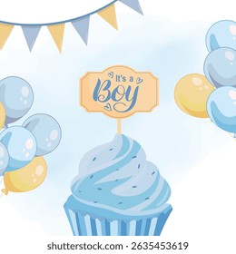 It's a boy cute blue greeting card with muffin, wood sign, balloons, and party decorations, perfect for baby shower or birth announcement