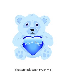 ¡Es un chico! Un lindo oso de dibujos animados sostiene un brillante corazón aislado en blanco. Formato vectorial EPS10