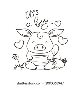 It is a boy. Cute cartoon pig in love. Symbol of New 2019 Year. Chinese horoscope. Coloring page