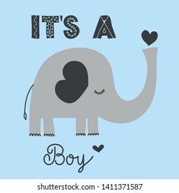 It's a boy - cute elephant  decoration. Little elephant set, posters for nursery room, greeting cards, kids and baby clothes. Isolated vector.