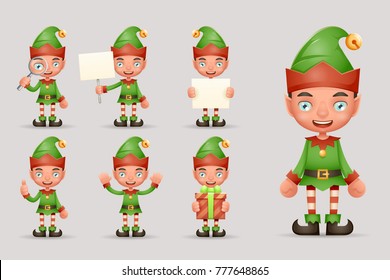 Boy Cute Elf Christmas Santa Claus Helper Teen New Year Holiday 3d Cartoon Characters Realistic Set Icons Design Vector Illustration
