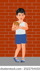 Boy with a cute kitten in his hands standing on the background of a brick wall. Vector illustration.